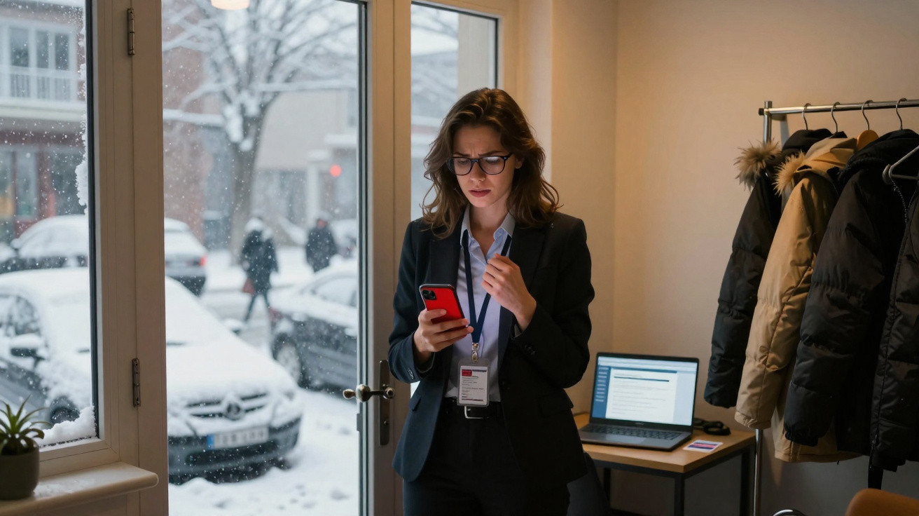 Mulher de negócios usando smartphone em escritório com janela mostrando neve e carros do lado de fora.