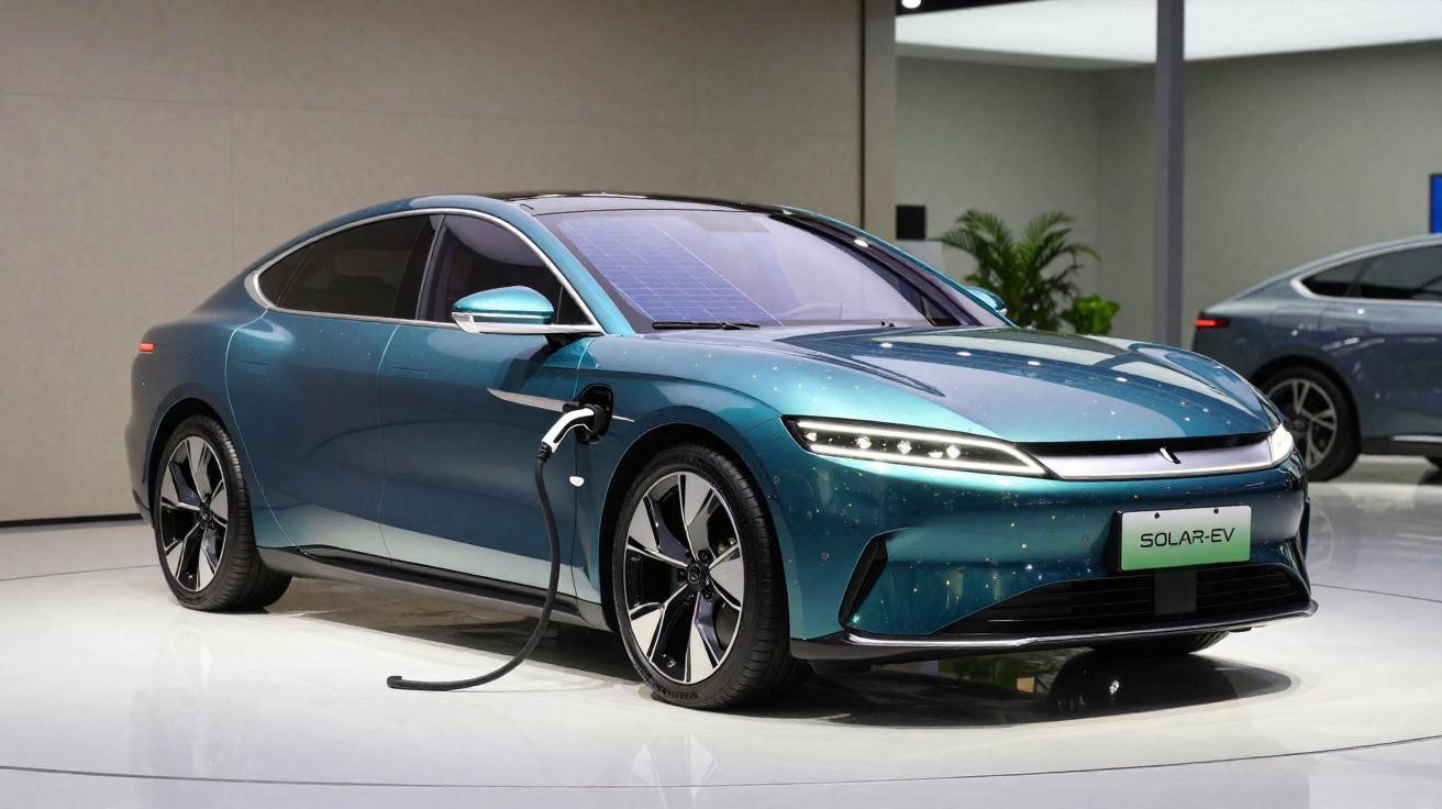 Carro elétrico azul carregando em estação de recarga, modelo sedan com design futurista.