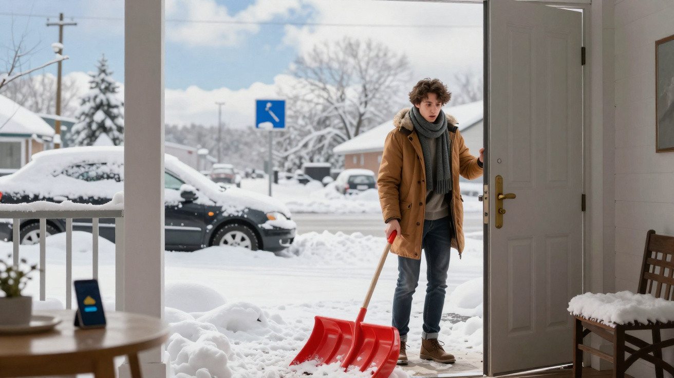 Jovem vestido para frio com pá de neve na mão entrando em casa após limpar a calçada coberta de neve.