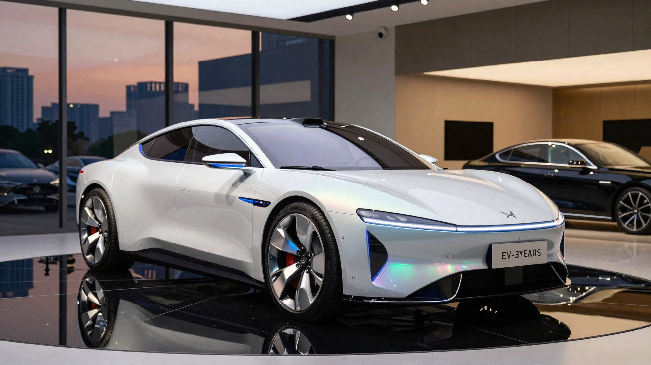Carro esportivo elétrico branco exibido em showroom moderno com paredes de vidro e iluminação suave.