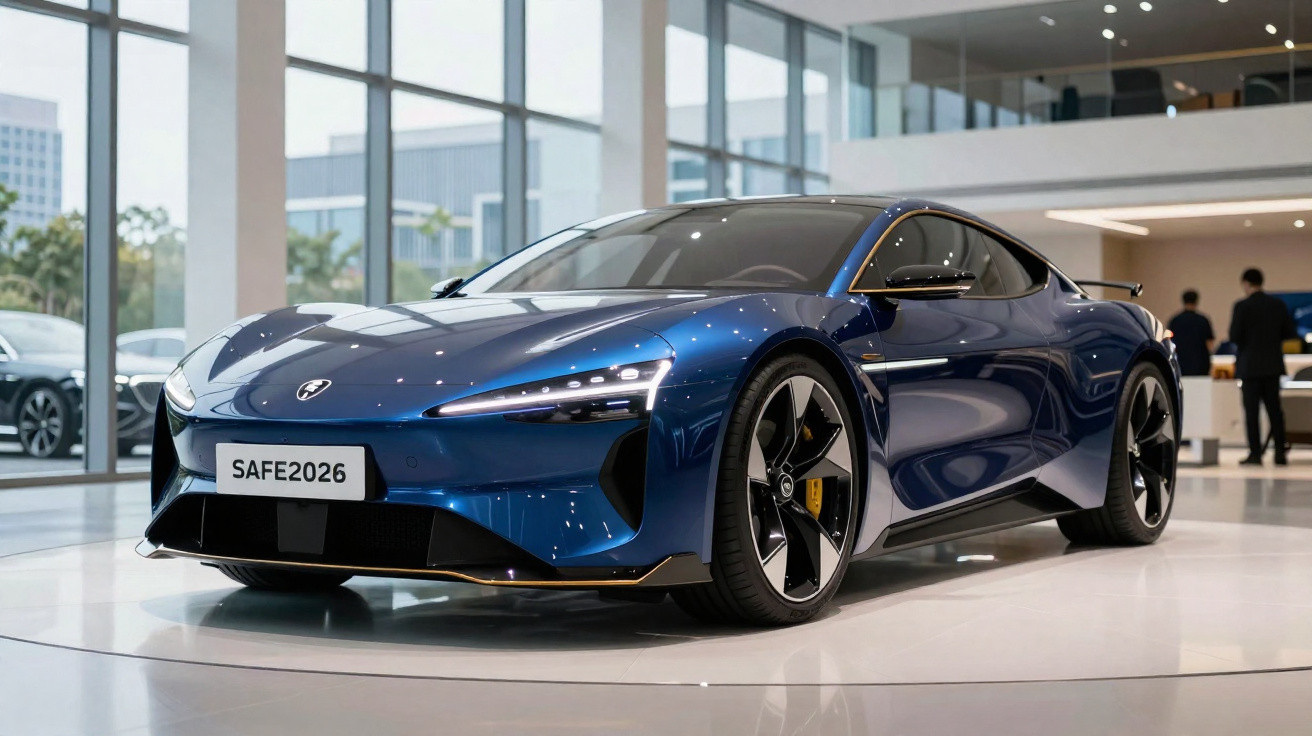 Carro esportivo azul metálico com design futurista exposto em showroom moderno e iluminado.
