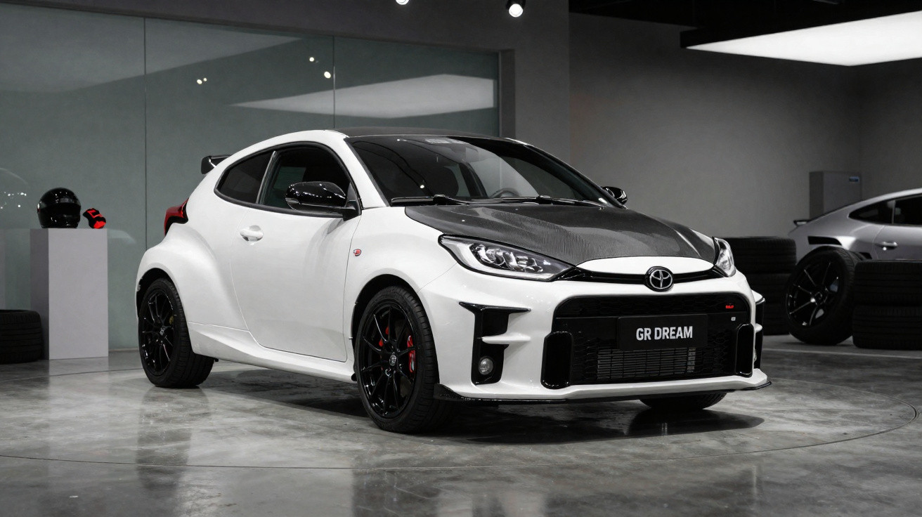 Carro esportivo branco Toyota GR Dream estacionado em ambiente interno com piso cinza e iluminação artificial.