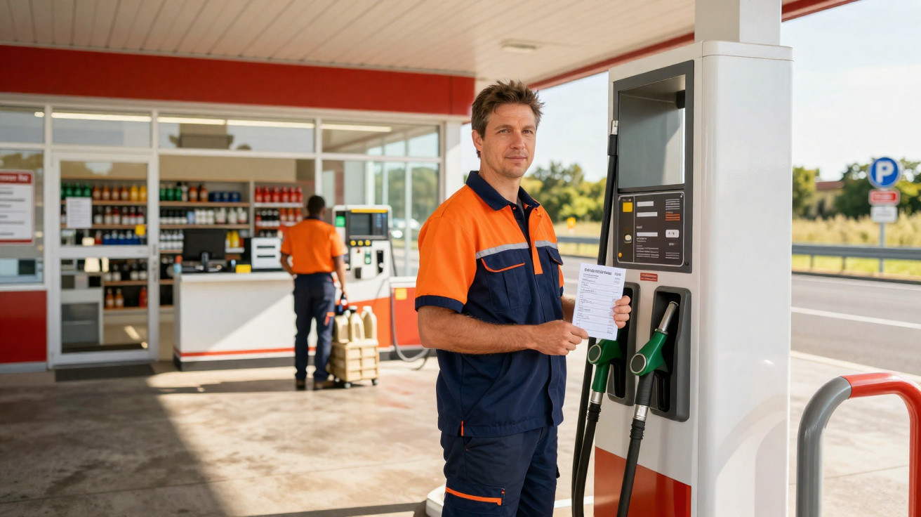 Funcionário de posto de combustível em uniforme azul e laranja segurando nota fiscal próximo à bomba de gasolina.