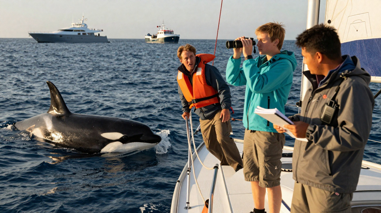 Três pessoas observando uma orca próxima a um veleiro no mar com dois barcos ao fundo.
