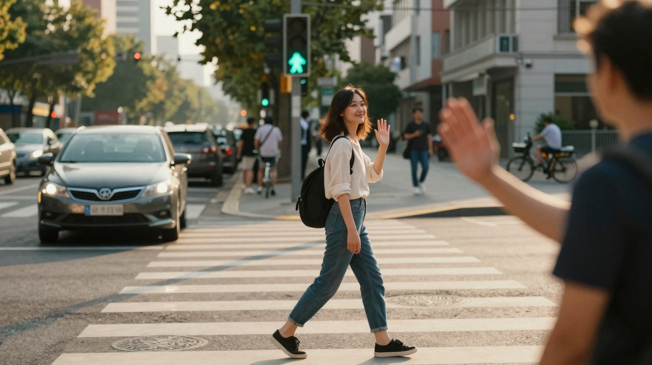 Mulher sorridente atravessa faixa de pedestres e acena para homem em sinal verde para pedestres na cidade.