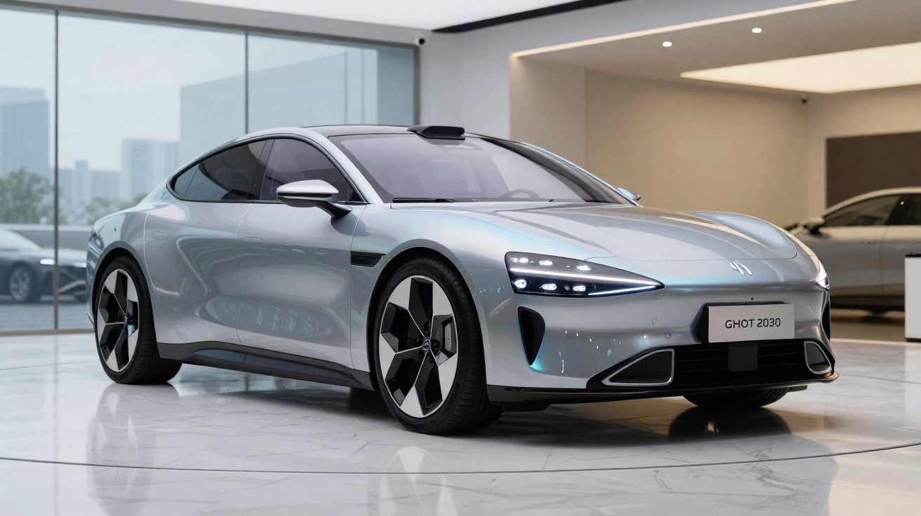 Carro esportivo elétrico prata em exposição interna com design futurista e faróis de LED.