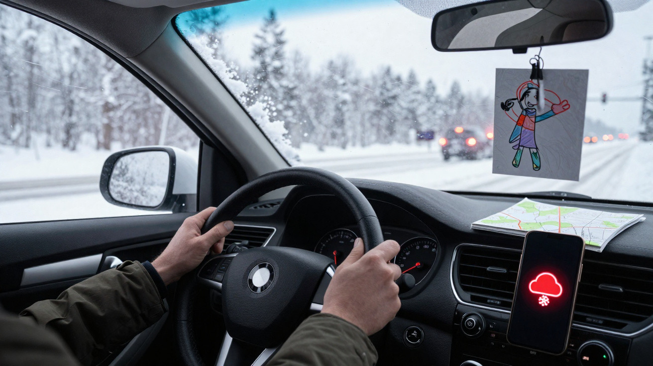 Motorista segurando volante em estrada com neve, celular mostra alerta de neve na tela.
