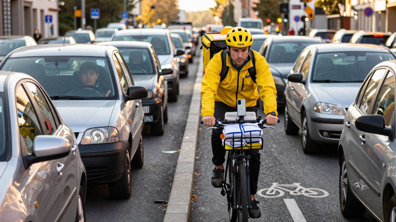 Entregador de bike com capacete amarelo circula em ciclovia entre carros parados no trânsito urbano.