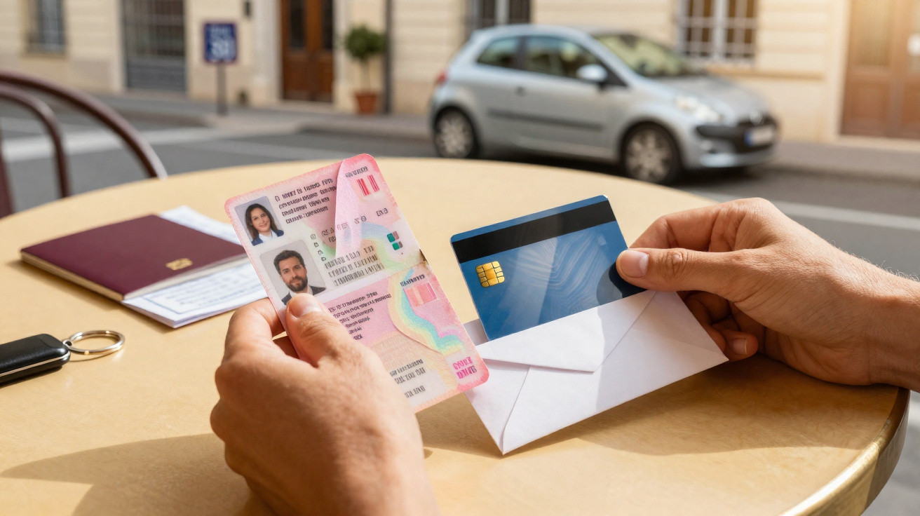 Pessoa segurando carteira de identidade, cartão de crédito e envelope branco sobre mesa ao ar livre.