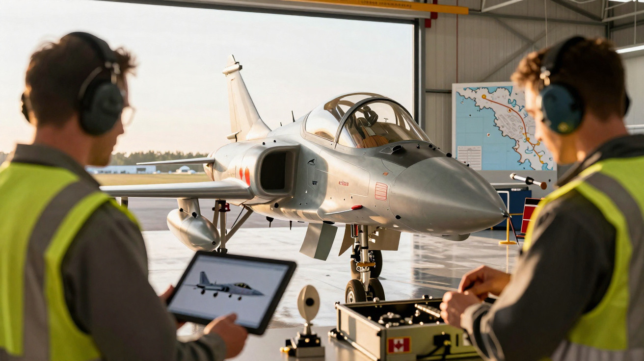 Dois técnicos com coletes de segurança e protetores auriculares trabalham perto de um caça prateado em hangar.