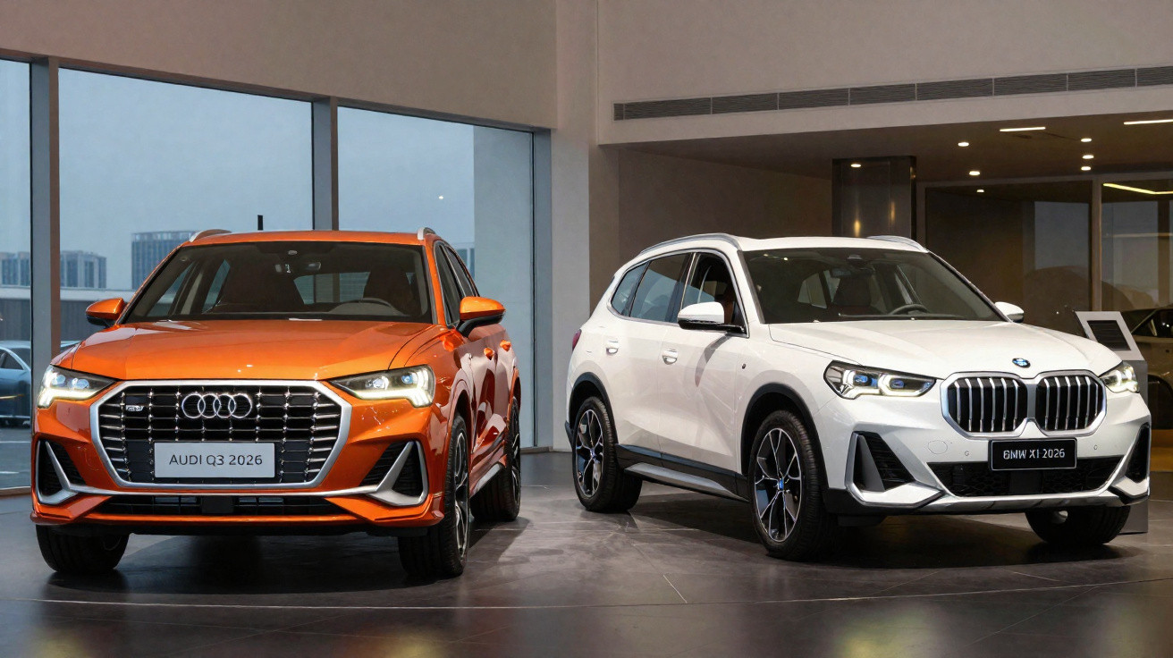 Dois carros SUV estacionados em showroom, Audi Q3 2026 laranja e BMW X1 2026 branco.
