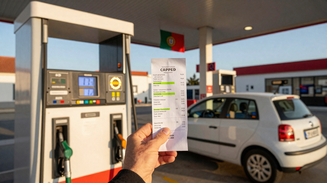 Pessoa segurando nota fiscal de abastecimento em posto de combustível com carro branco ao fundo e bandeira de Portugal.