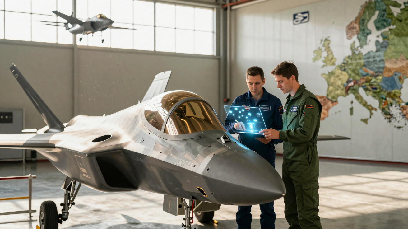 Dois pilotos em uniforme analisam dados digitais ao lado de um caça furtivo cinza em hangar.