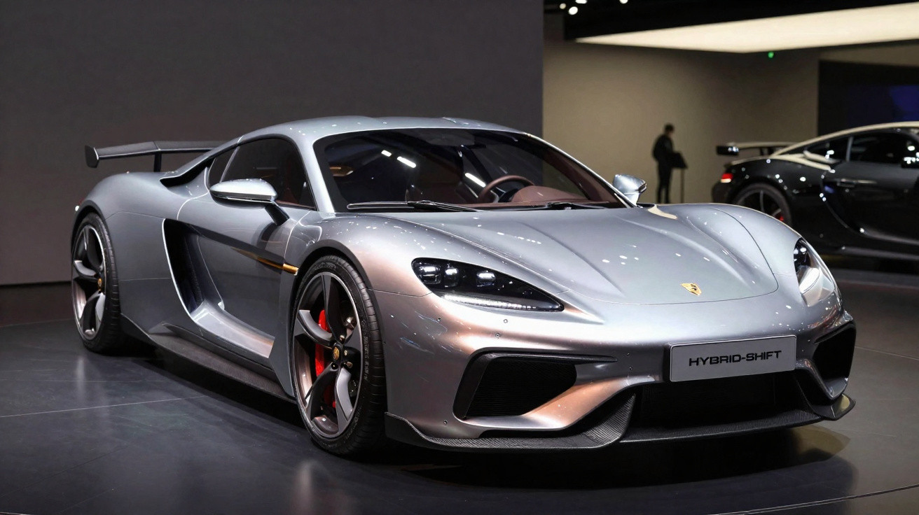 Carro esportivo prata híbrido com design aerodinâmico exibido em salão automotivo.