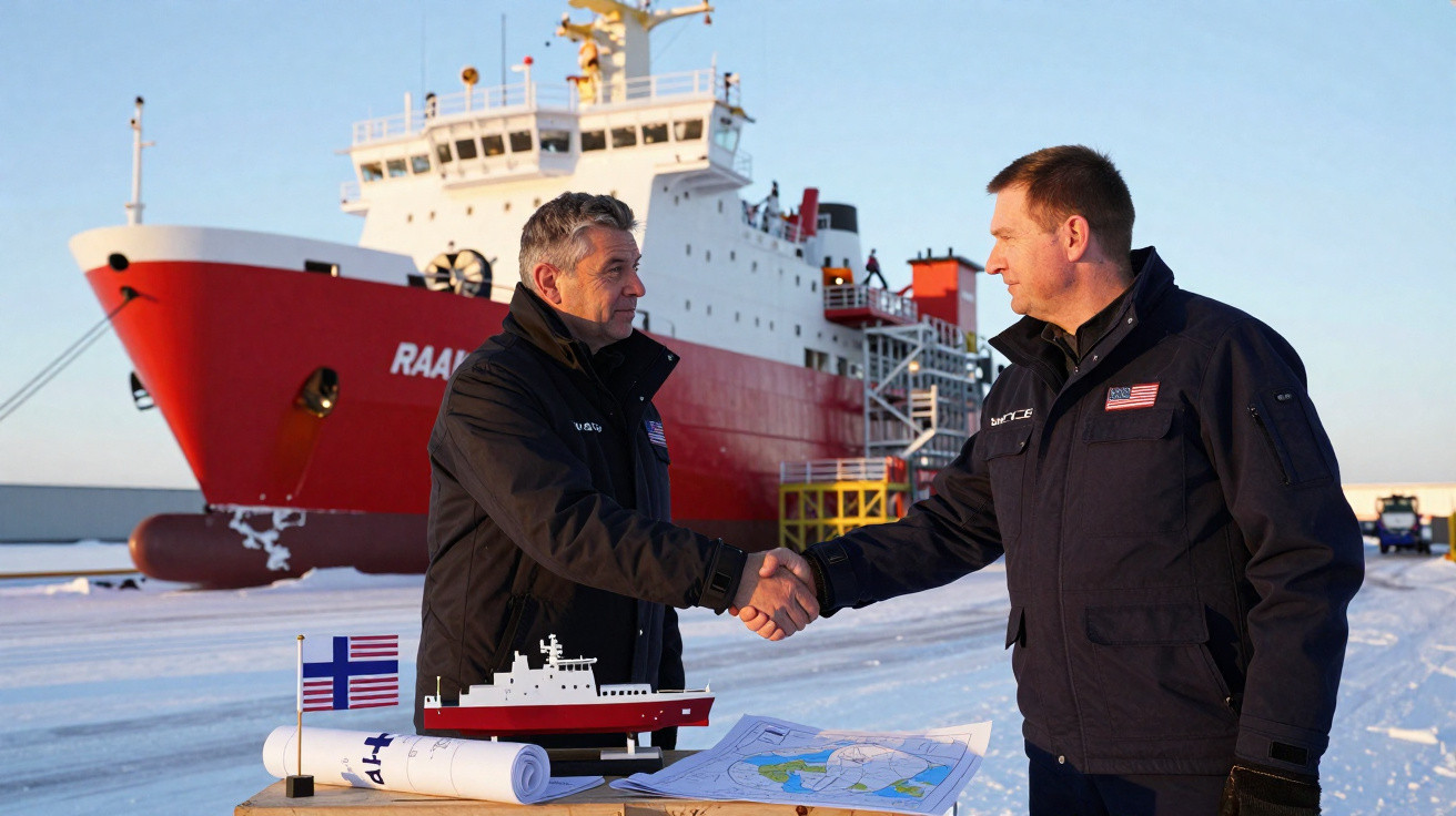 Dois homens apertam as mãos em frente a navio vermelho no porto, com mapas e maquete na mesa.
