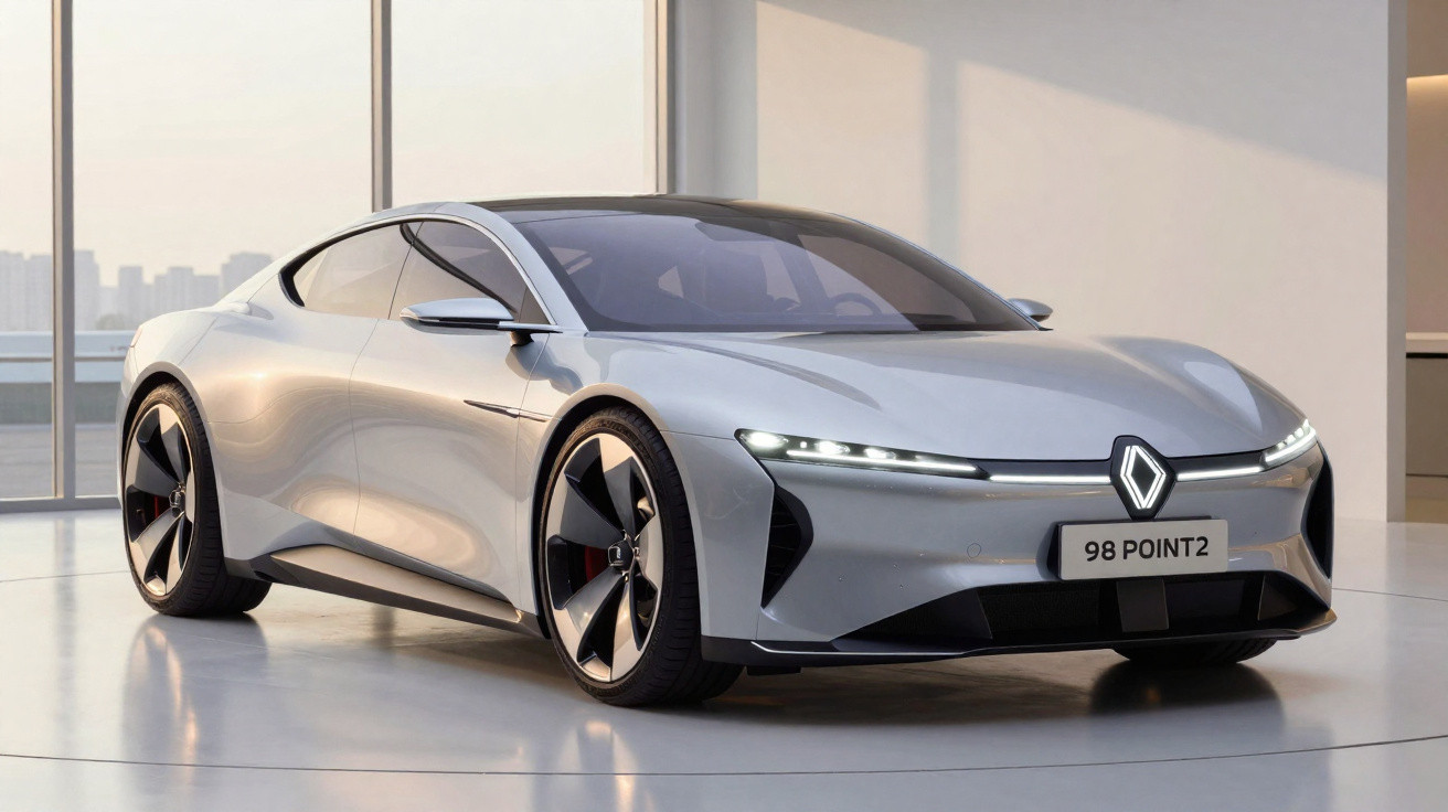 Carro elétrico esportivo cinza prata em showroom moderno com iluminação natural e design futurista.