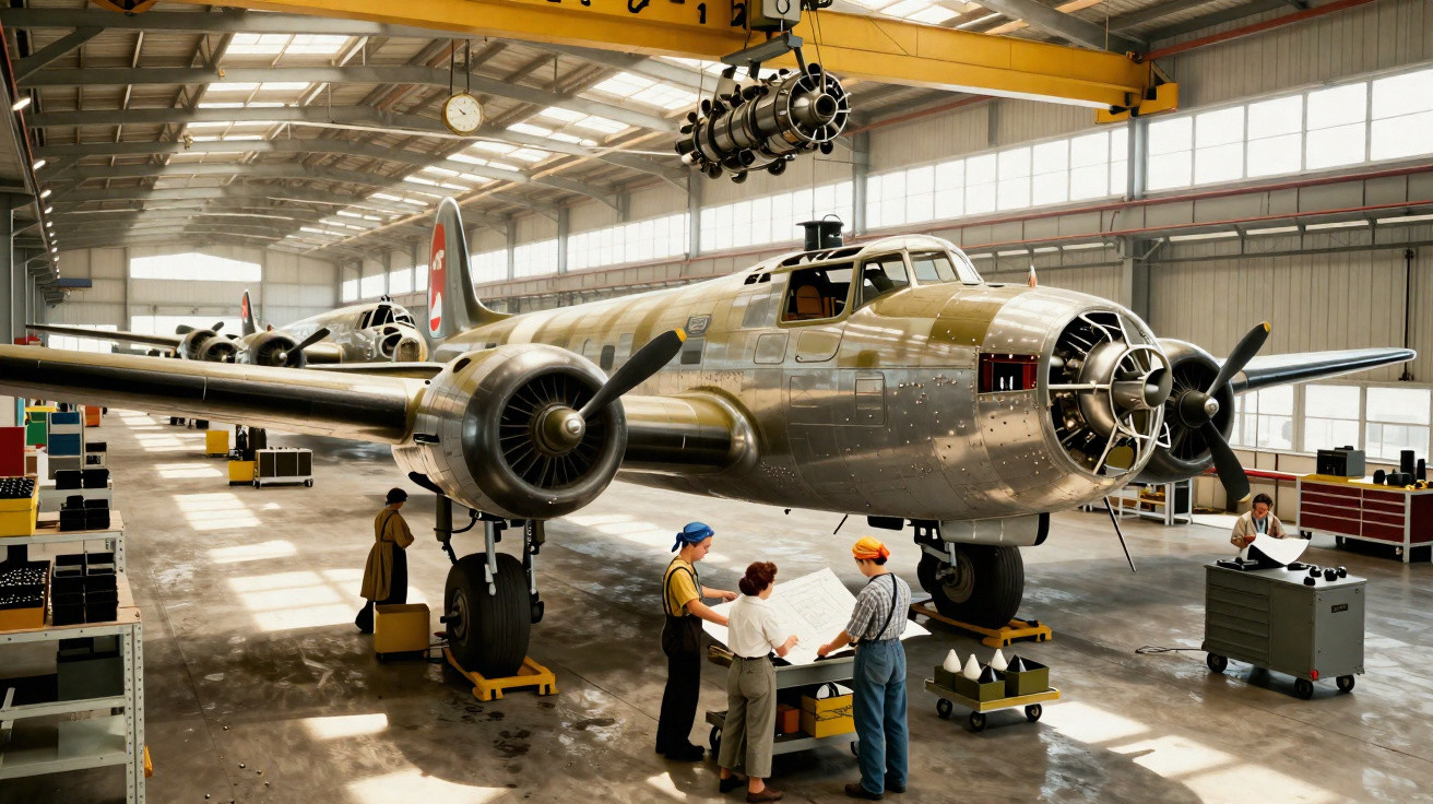 Avião militar antigo em hangar, com três pessoas discutindo planos e equipamentos ao redor.