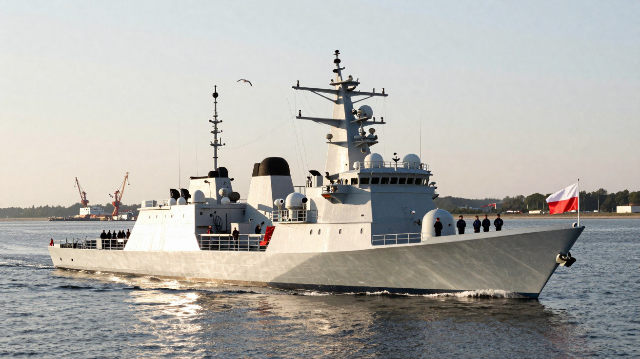 Navio militar cinza navegando em águas tranquilas com tripulantes e bandeira da Polônia.