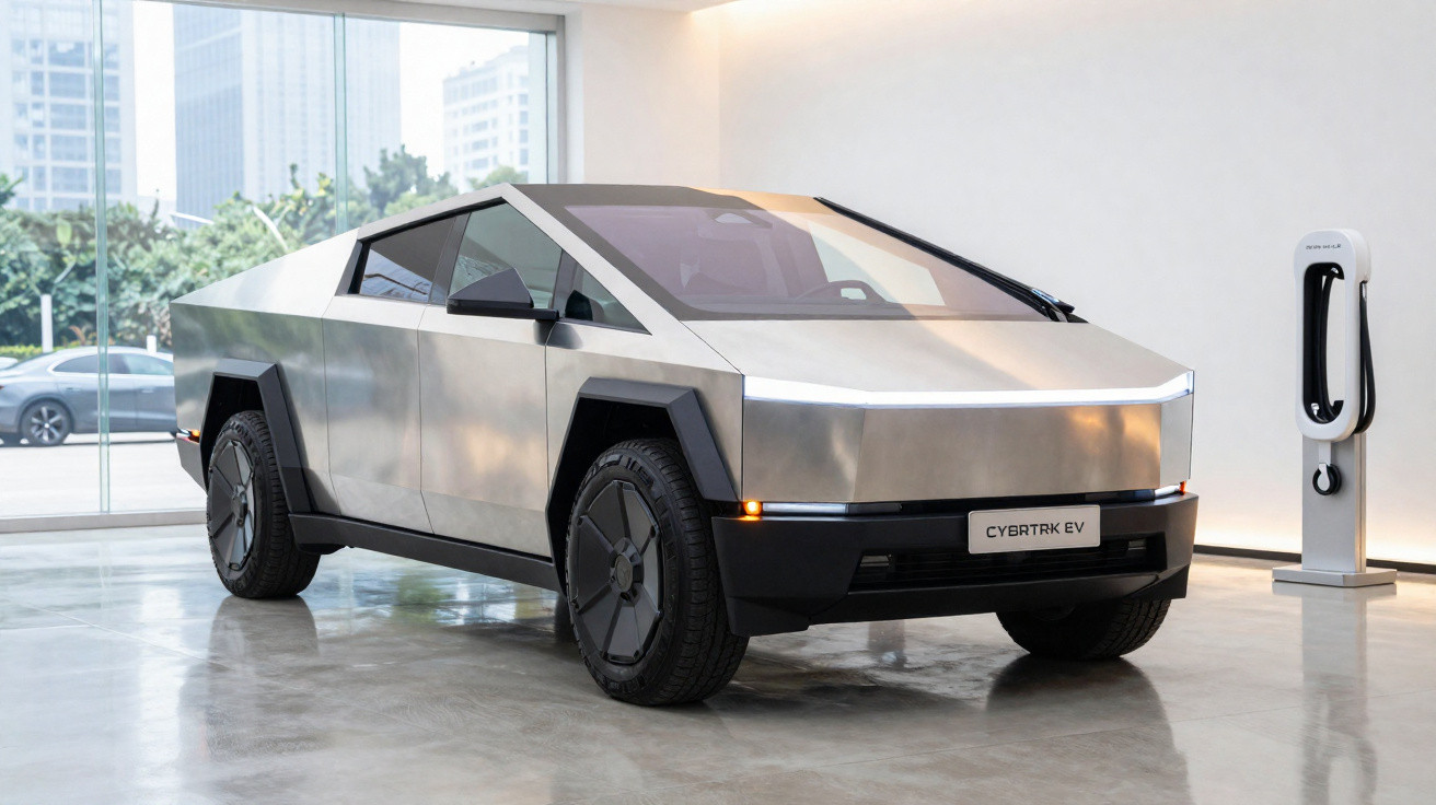Picape elétrica Tesla Cybertruck EV estacionada em showroom branco com estação de recarga ao lado.