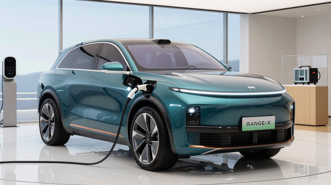 Carro elétrico verde metálico modelo Range-X sendo carregado em ambiente interno moderno e iluminado.