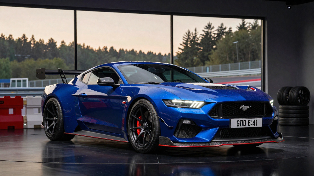 Carro esportivo azul da Ford Mustang em oficina com pneus ao fundo e árvores visíveis pela janela.