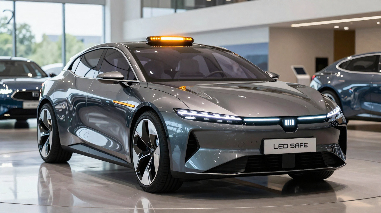 Carro elétrico cinza com luz de segurança amarela no teto, exibido em showroom moderno.