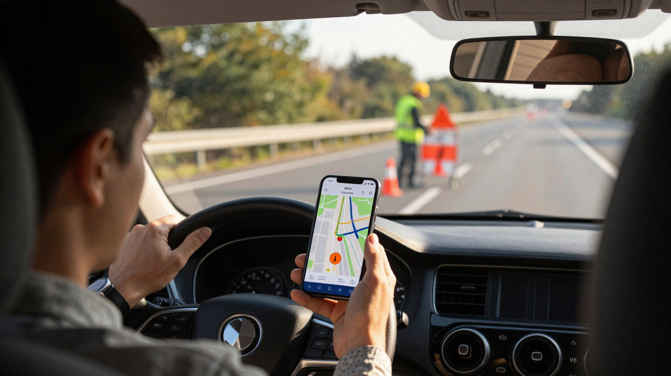 Motorista consulta GPS no celular enquanto avista obras na estrada à frente em dia claro.
