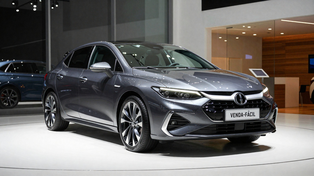 Carro hatch cinza metálico lançado em salão automotivo com placa frontal escrita Venda Fácil.