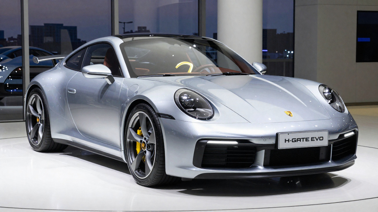 Carro esportivo prata Porsche H-Gate Evo em exposição interna, com detalhes em preto e rodas cinza.