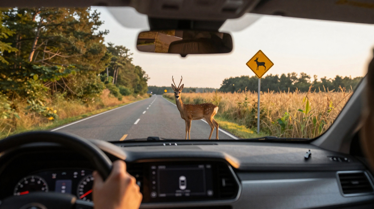 Veado atravessando estrada rural visto do banco do motorista com placa de aviso de animal na pista.