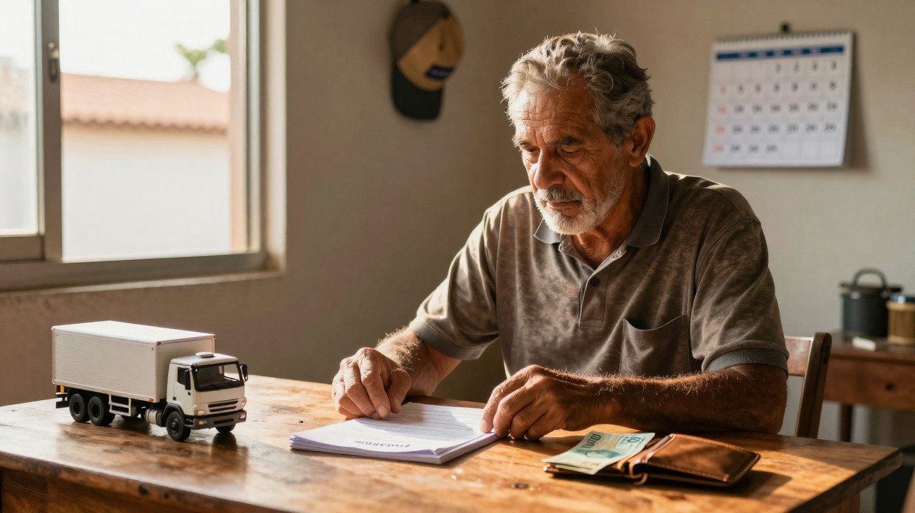 Homem idoso sentado à mesa revisando documentos com dinheiro e miniatura de caminhão ao lado.