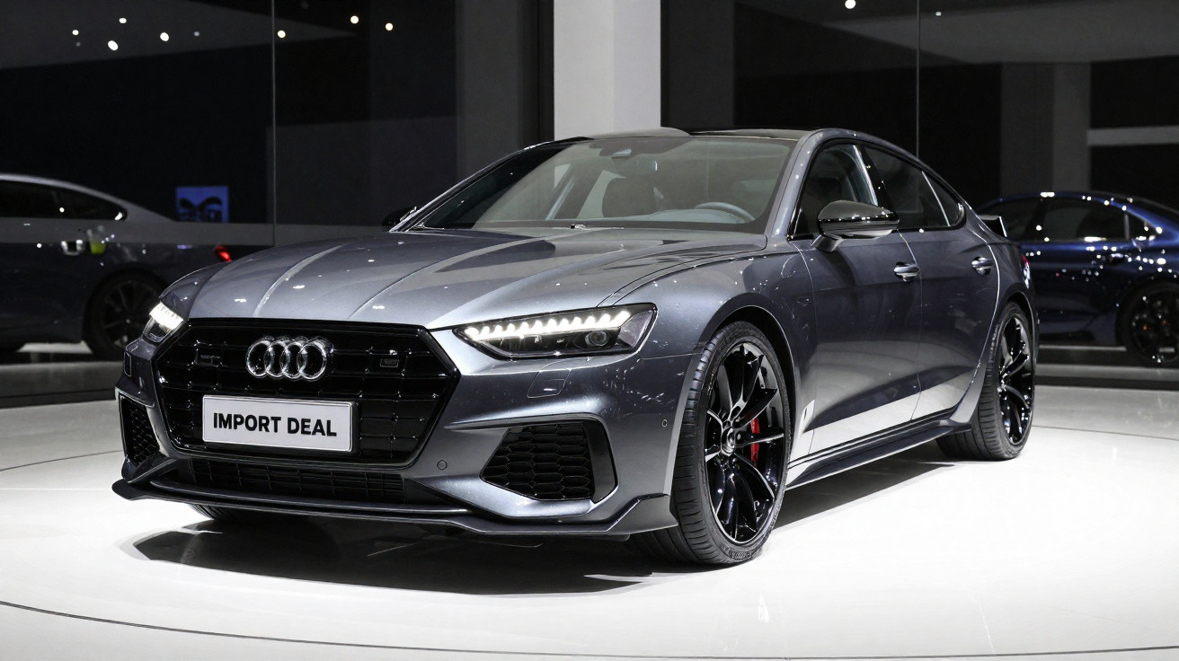 Carro Audi cinza metálico exibido em showroom com rodas pretas e luzes dianteiras acesas.