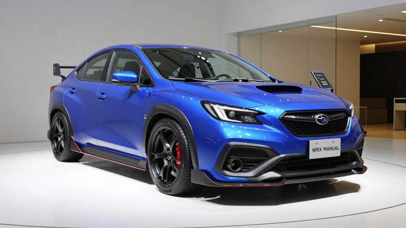 Carro esportivo Subaru WRX azul com aerofólio traseiro em exposição interna em ambiente moderno.