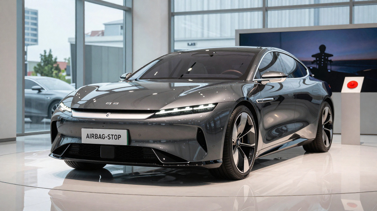 Carro elétrico cinza escuro exposto em showroom com design moderno e aerodinâmico.