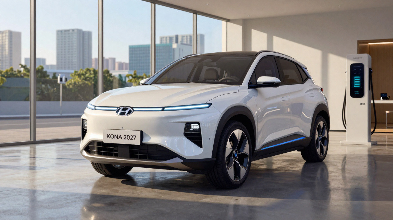 Carro elétrico Hyundai Kona 2027 branco estacionado perto de estação de recarga em ambiente interno moderno.