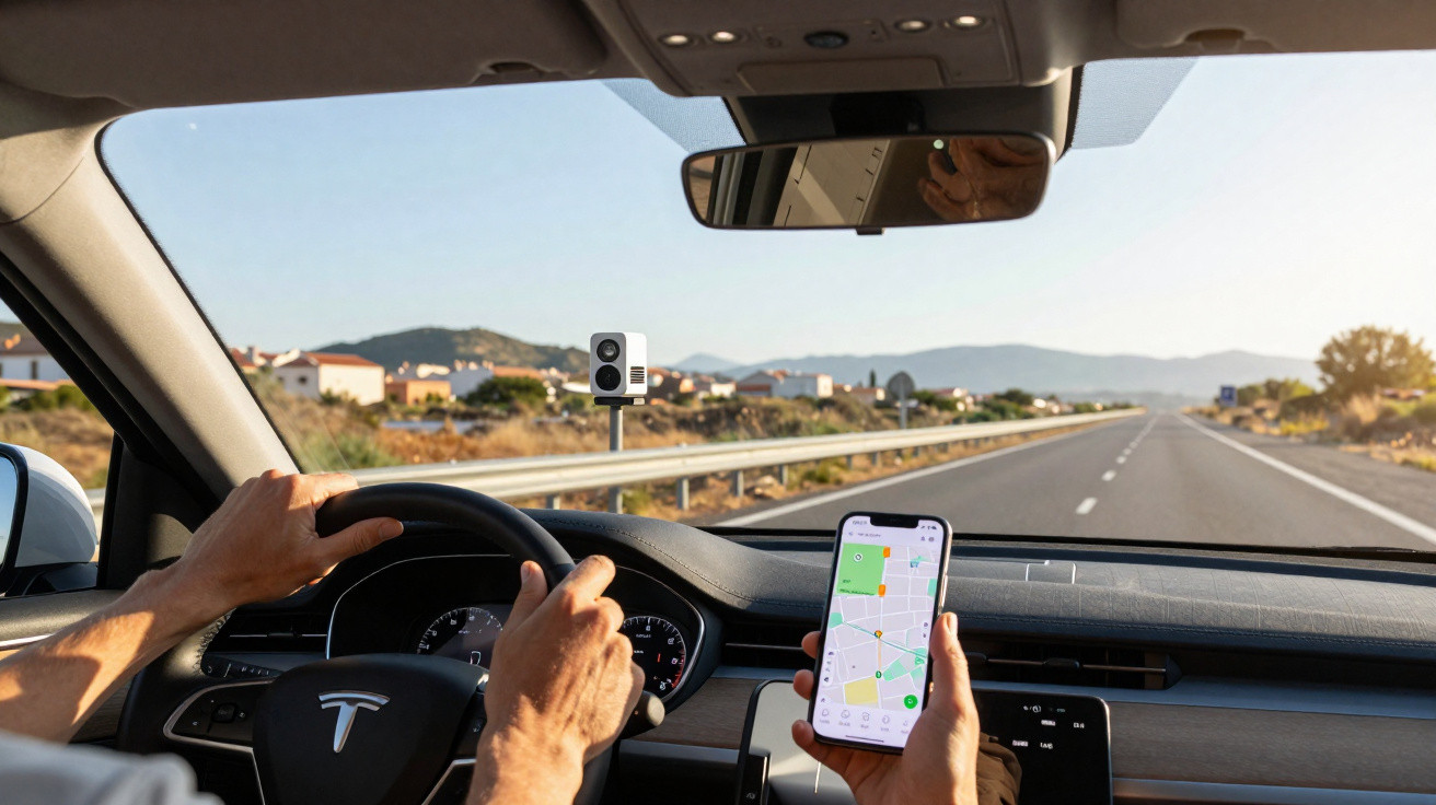 Interior de carro Tesla com motorista segurando volante e passageiro usando smartphone com mapa na tela.