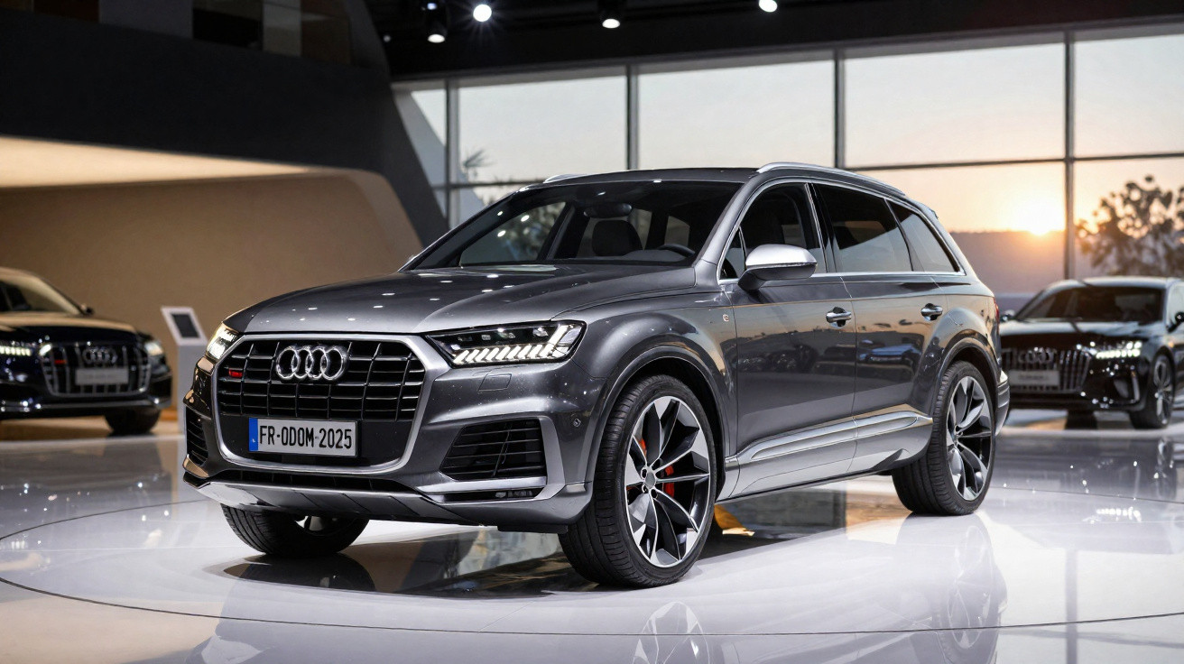 Audi Q7 cinza estacionado em showroom com luz natural ao fundo.