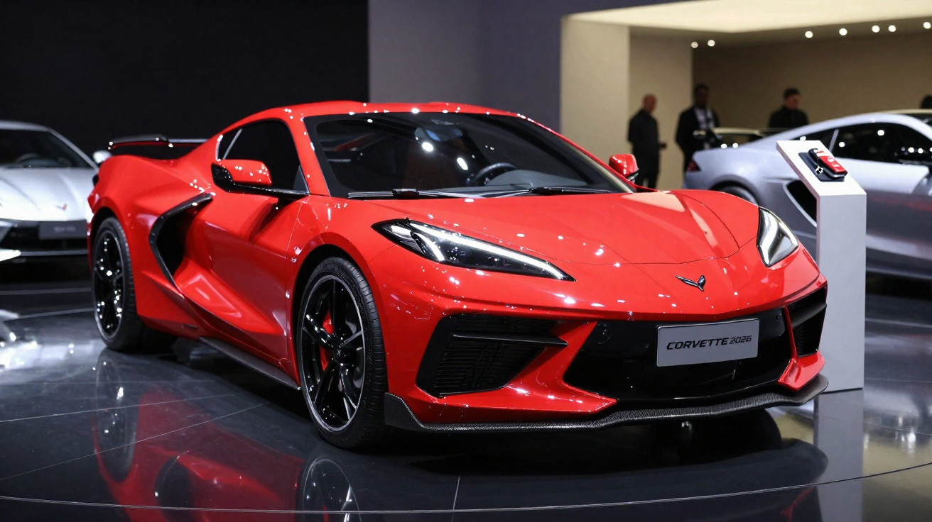 Carro esportivo vermelho Chevrolet Corvette 2020 exibido em salão automotivo moderno.