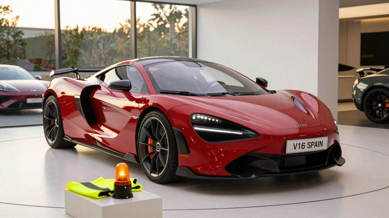 Carro esportivo vermelho McLaren estacionado em sala de exposição com colete e luz de segurança ao lado.