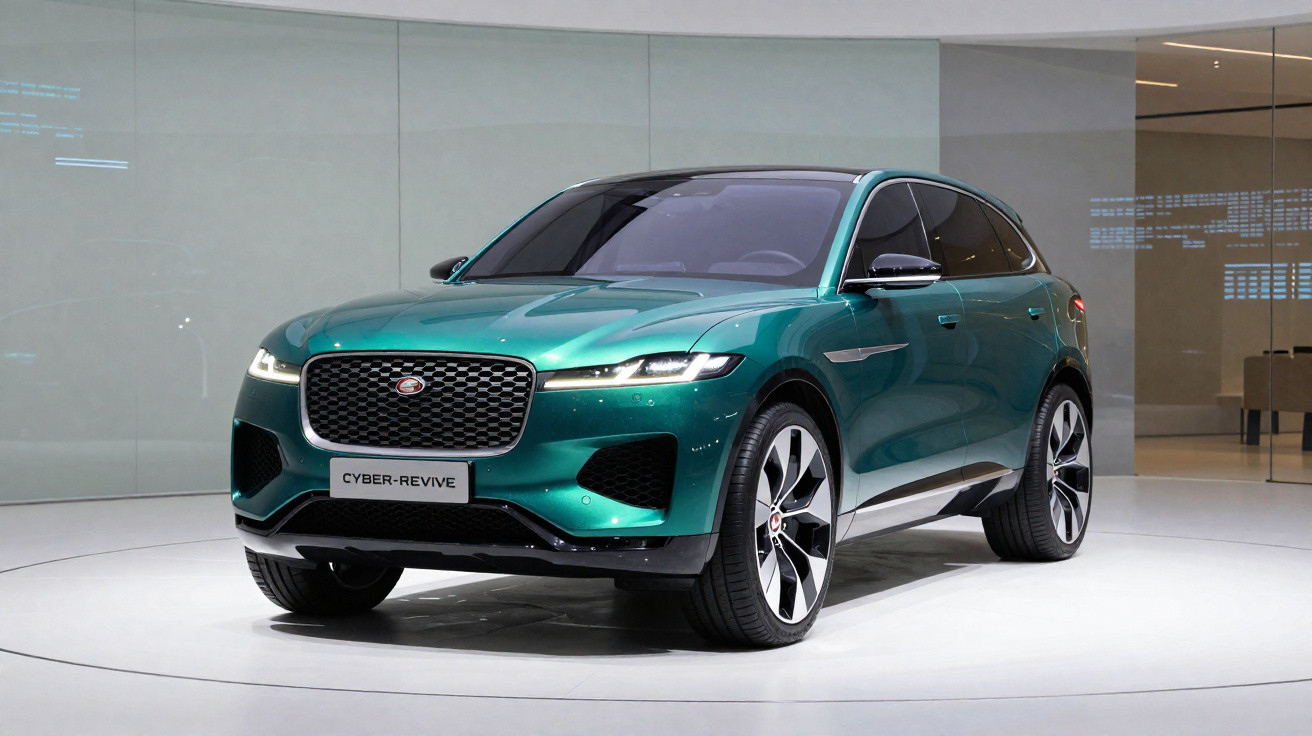 Carro SUV elétrico verde Jaguar Cyber-Revive em exposição elegante e iluminada.