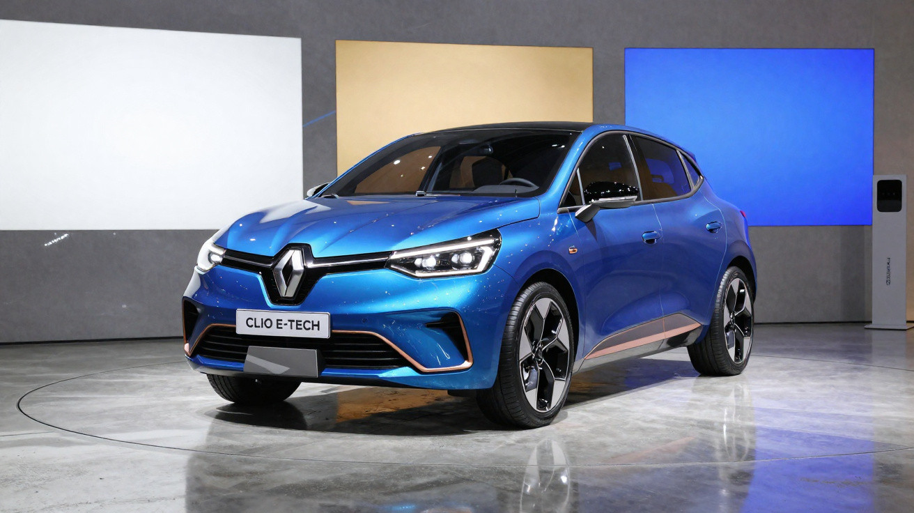 Carro Renault Clio E-Tech azul exposto em ambiente com paredes cinza e quadros coloridos.