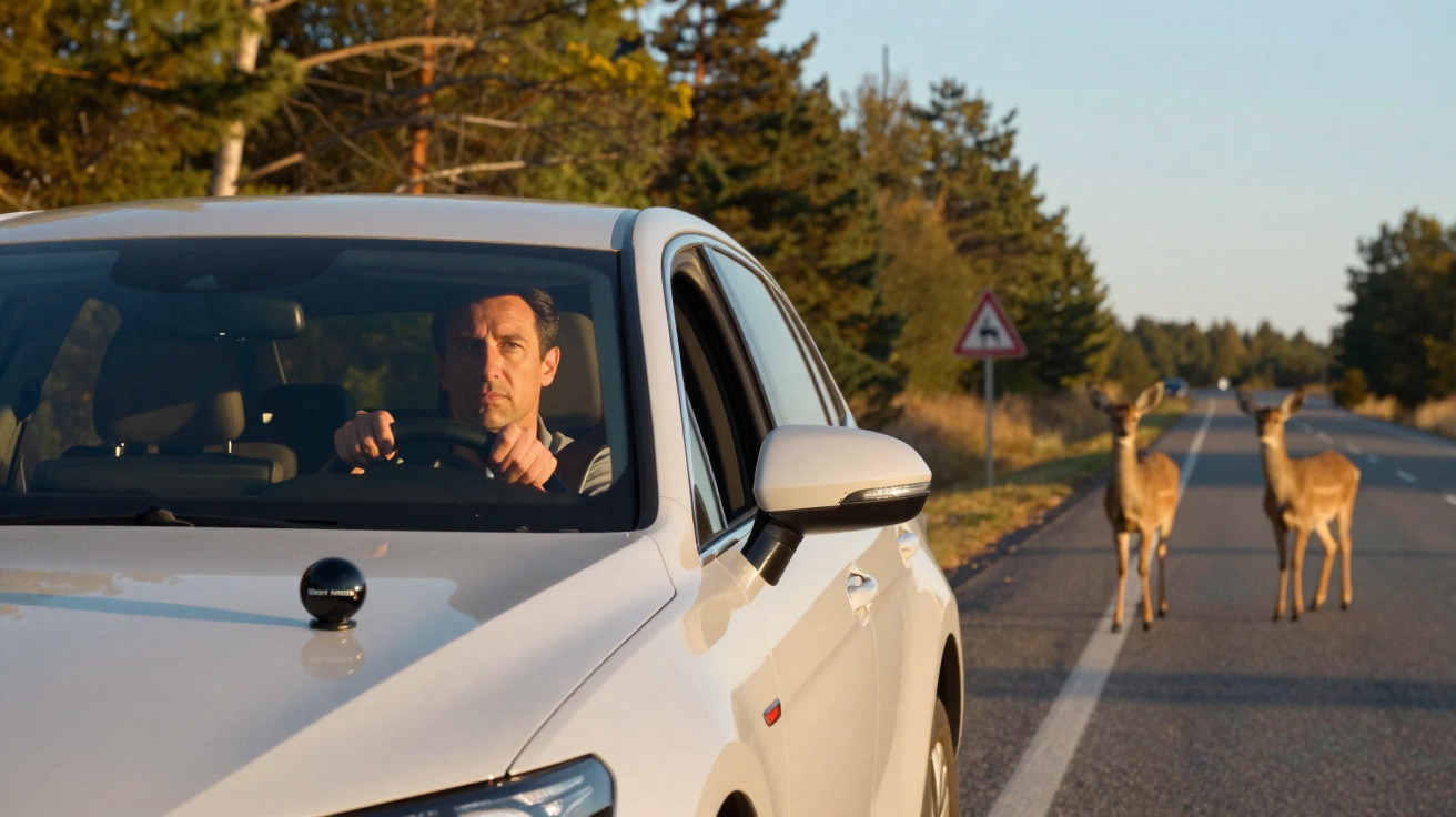 Homem dirigindo carro branco atento a dois cervos na estrada à frente em área rural com árvores.