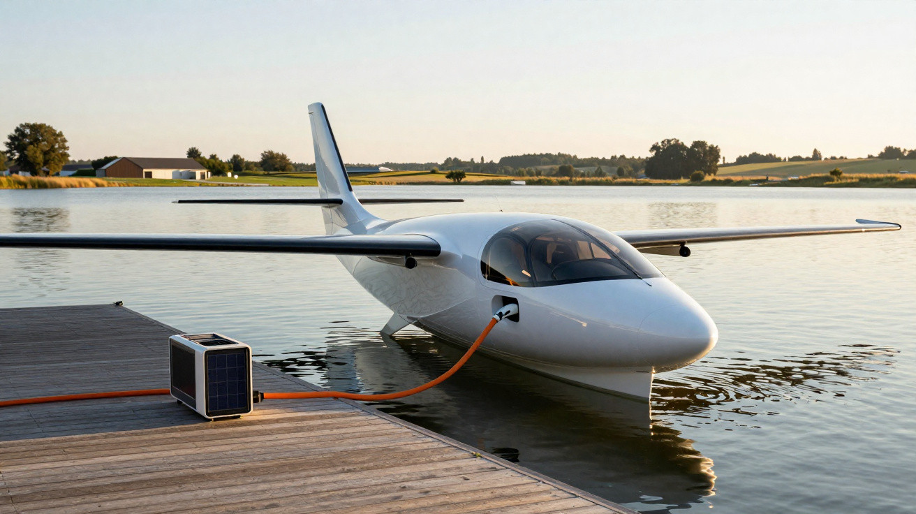 Avião elétrico branco ancorado na água sendo carregado por painel solar em um deque.