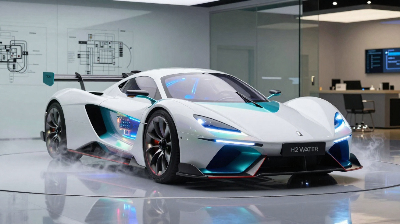 Carro esportivo futurista branco com detalhes azuis em exibição em ambiente moderno e iluminado