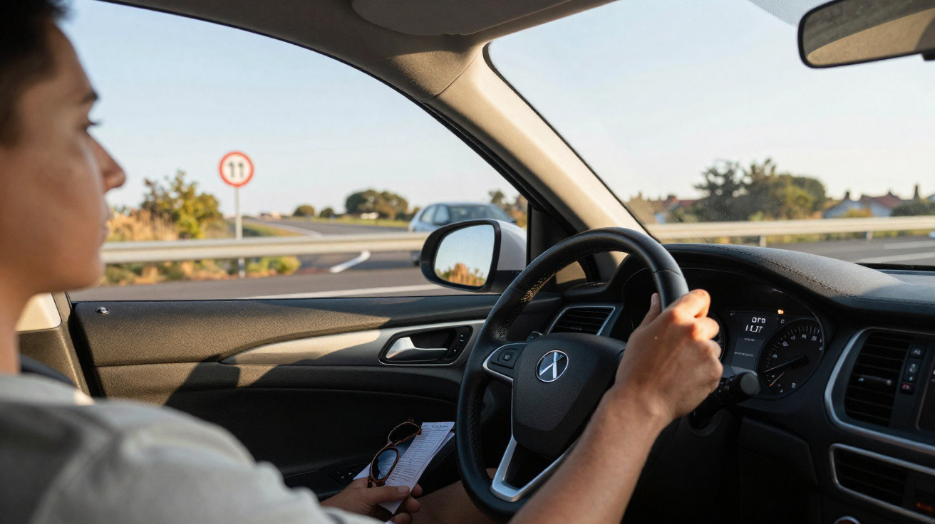 Pessoa dirigindo carro automático e segurando documento com óculos solares no interior do veículo.