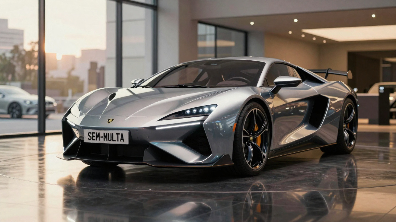 Carro esportivo prata com faróis ligados e placa personalizada "SEM-MULTA" em showroom moderno.