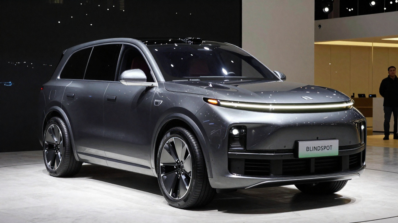 Carro elétrico cinza escuro modelo SUV Blindspot exposto em salão automotivo com iluminação interna.
