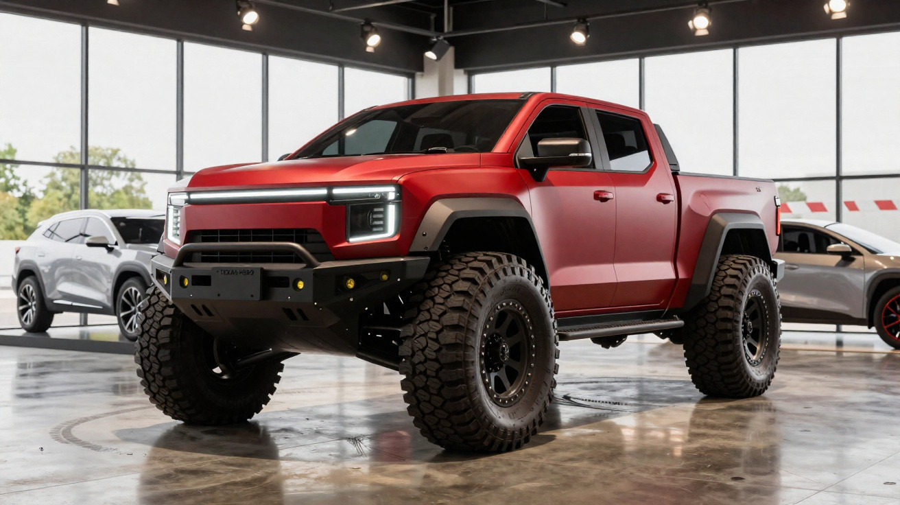Picape elétrica vermelha com rodas grandes em exposição interna, outras duas SUVs ao fundo.