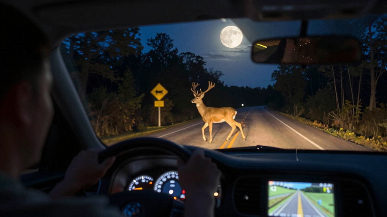 Veado cruzando estrada à noite com lua cheia visível, visto do banco do motorista de um carro.