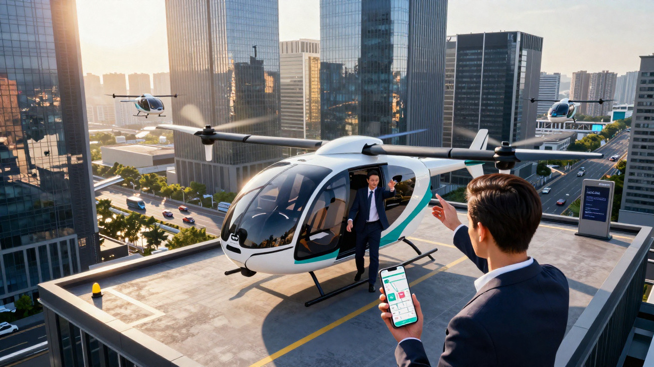 Homem com smartphone chama helicóptero elétrico em heliponto no topo de prédio na cidade.